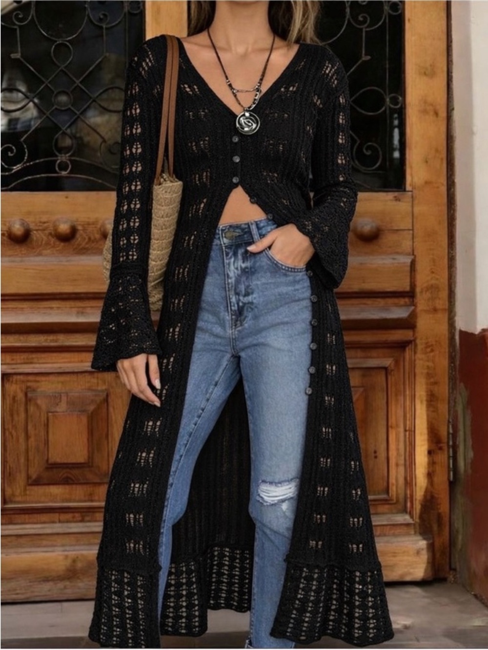 Black Open Knit Long Cardigan Sweater